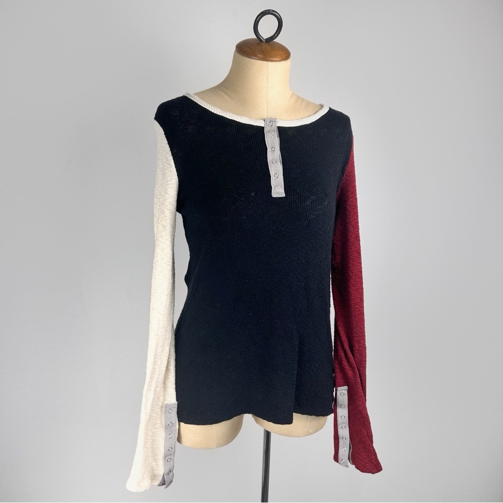 Pete Collection Knit Henley Top Colorblock Long Sleeve